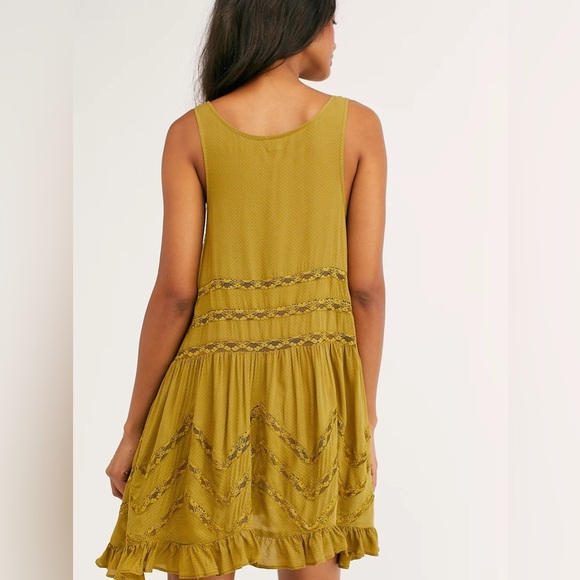INTIMATELY FREE PEOPLE ELEGANT BOHO MUSTARD LACE SLEEVELESS BLUE POLKA DOT DRESS - Picture 2 of 8